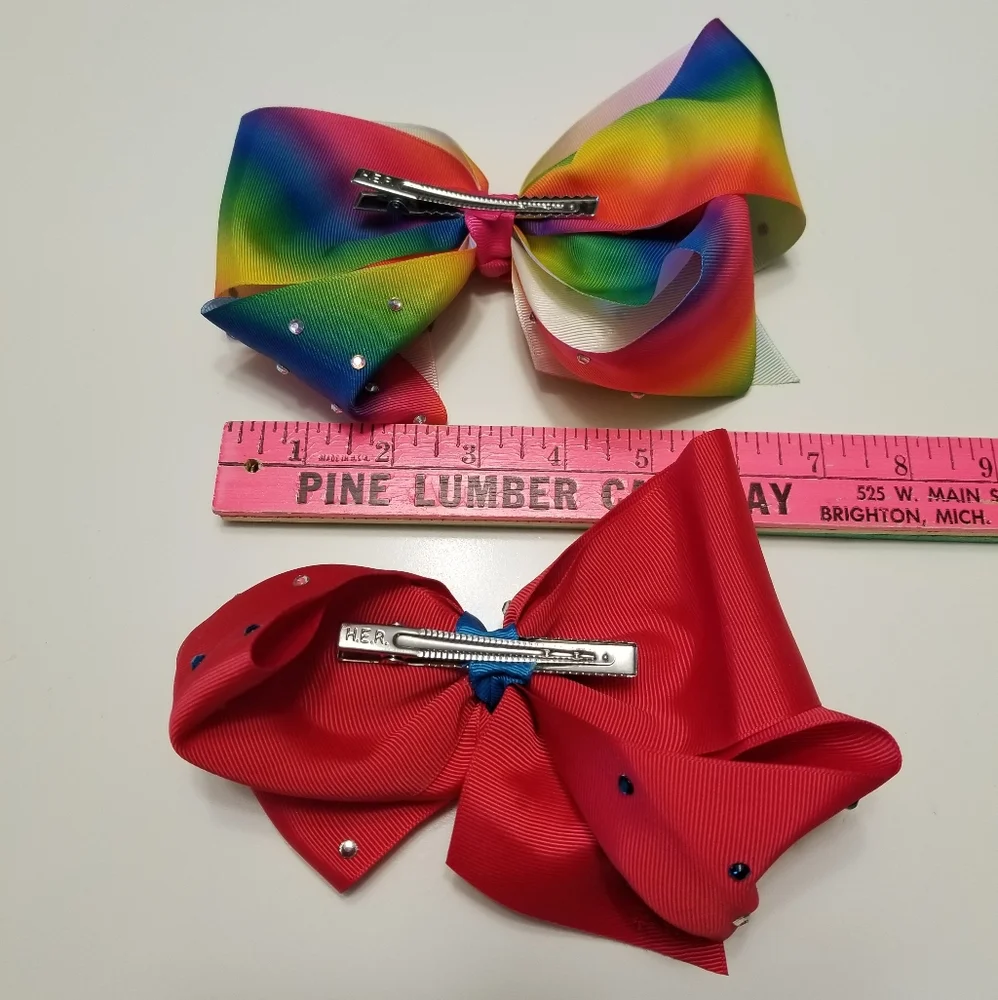 Jojo Siwa Lot of 3 Rhinestoned Bows Red Rainbow & Pink